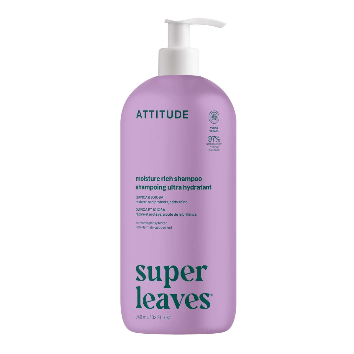 ATTITUDE Nourishing Hair Shampoo, EWG Verified, For Dry and Damaged Hair, Naturally Derived Ingredients, Vegan and Plant Based, Grapeseed Oil and Olive Leaves, 32 Fl Oz