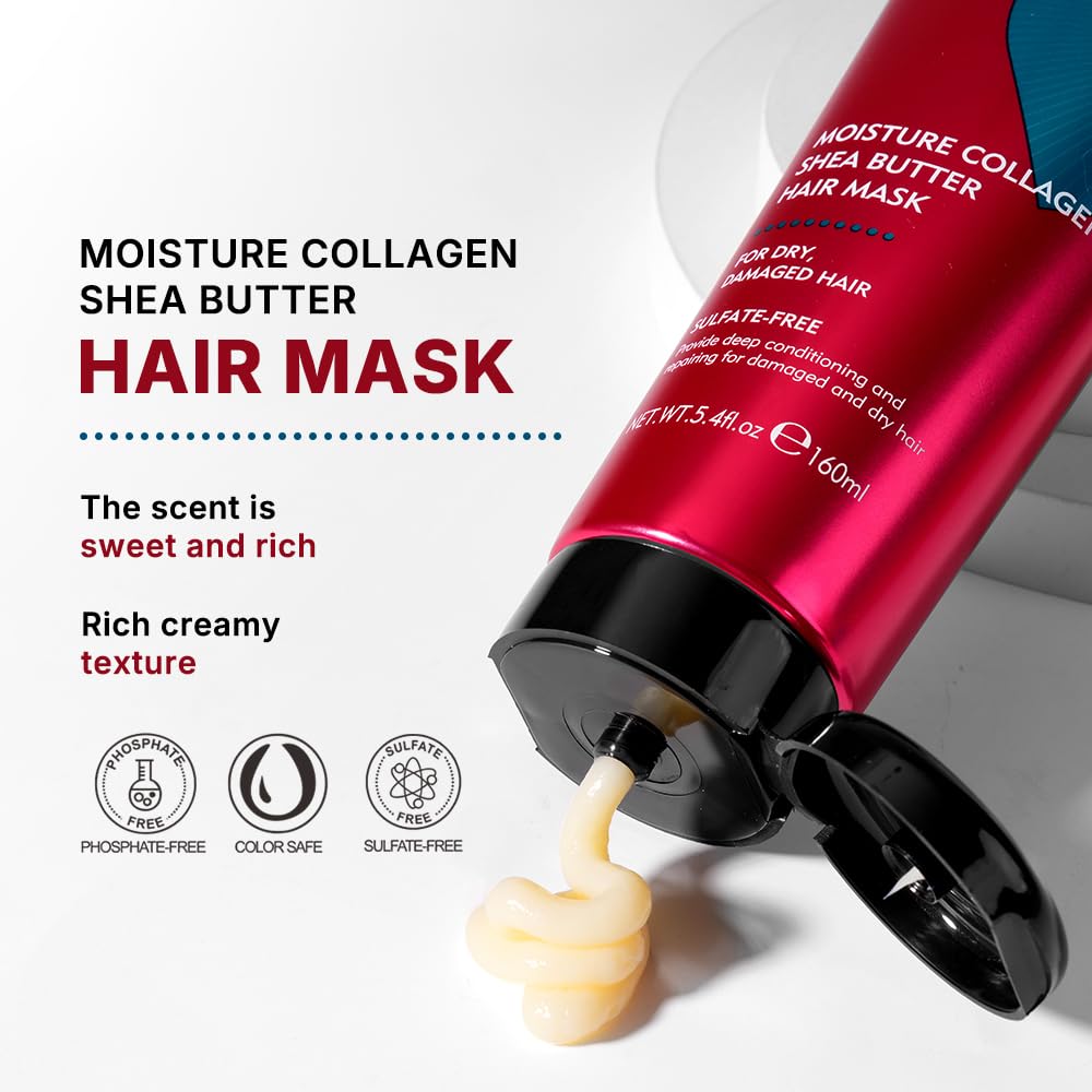Collagen Shea Butter Hair Mask Deep Repair Conditioning Moisture Collagen Shea Butter Hair Treatment for Dry and Damaged Hair All Hair Types 5.4fl.oz 160ml