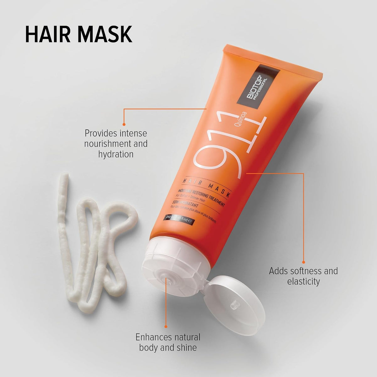 Biotop Professional 911 Quinoa Hair Mask - Repairing Hair Mask Treatment For Dry or Extremely Damaged Strands - Color Safe & Cruelty Free Hair Care - (18.6oz/550ml)