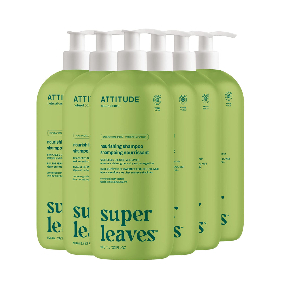 ATTITUDE Nourishing Hair Shampoo, EWG Verified, For Dry and Damaged Hair, Naturally Derived Ingredients, Vegan and Plant Based, Grapeseed Oil and Olive Leaves, 32 Fl Oz