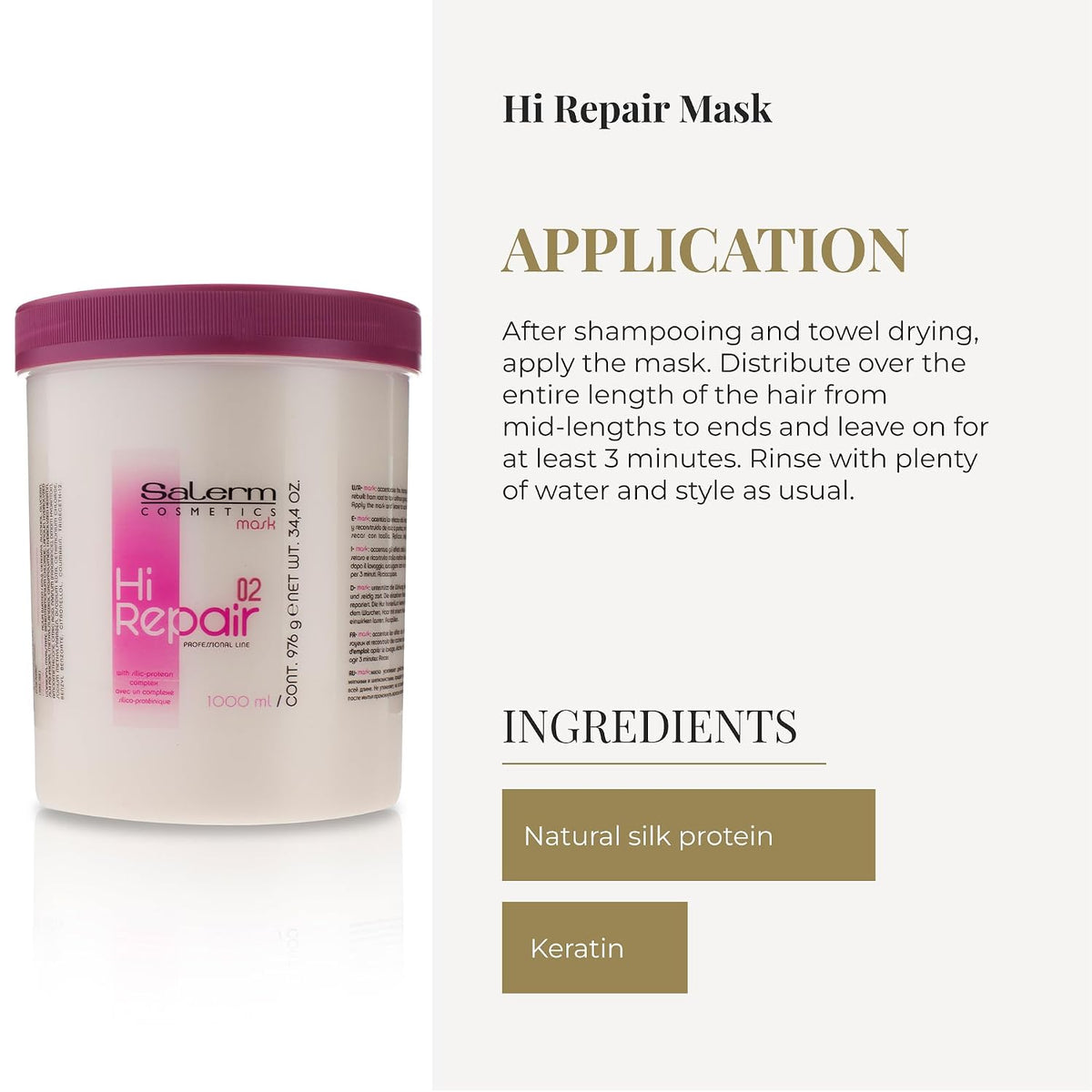 SALERM - Hair Repair Mask - Hi Repair Mask 02-1000 ml - Deeply Moisturizes Damaged Hair - Repairs and Rejuvenates - Shinier and Softer Hair - Immediate Effect