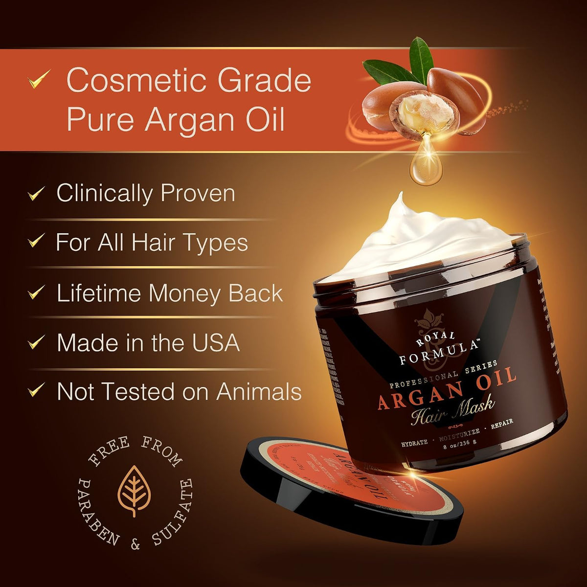 Argan Oil Hair Mask – Deep Conditioning Repair Treatment for Dry, Damaged & Color-Treated Hair | 100% Organic Argan & Almond Oils & Pro-Vitamin B5 – Sulfate & Paraben Free – 8 oz