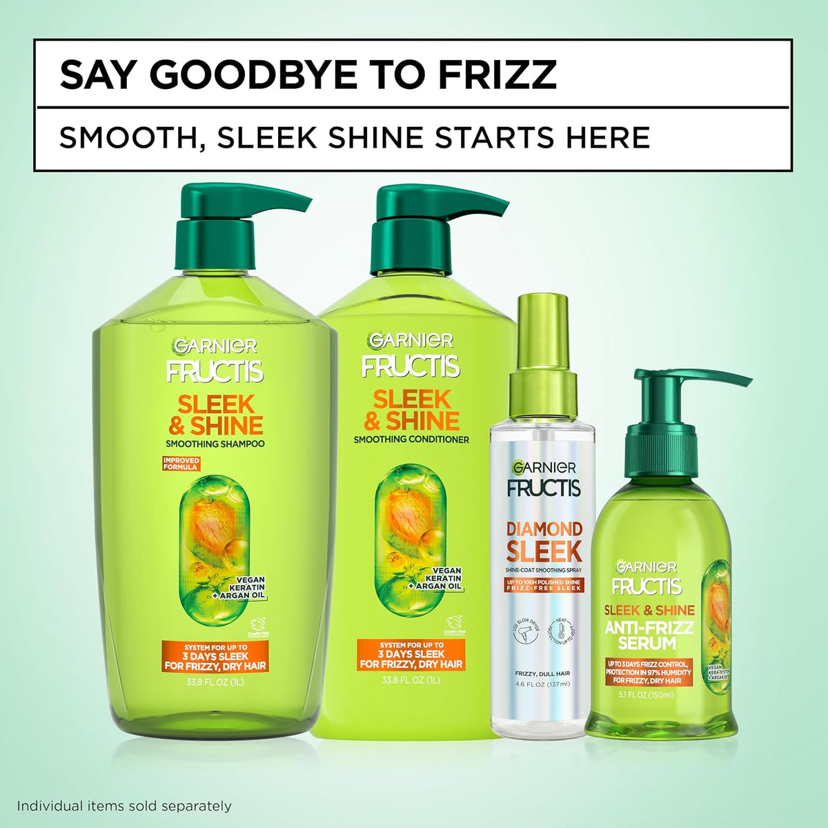 Garnier Fructis Sleek & Shine Conditioner, Smoothing Conditioner for Frizzy, Dry Hair with Argan Oil and Vegan Keratin, 33.8 Fl Oz (Packaging May Vary)