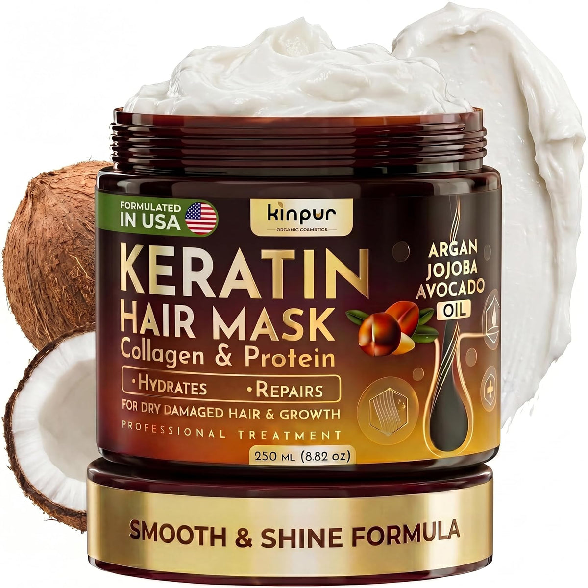 KINPUR ORGANIC COSMETICS Keratin Hair Mask for Dry & Damaged Hair – Deep Conditioning Hair Treatment with Coconut, Jojoba & Avocado Oils, Collagen & Protein – Hydrating Hair Mask, Color-Safe