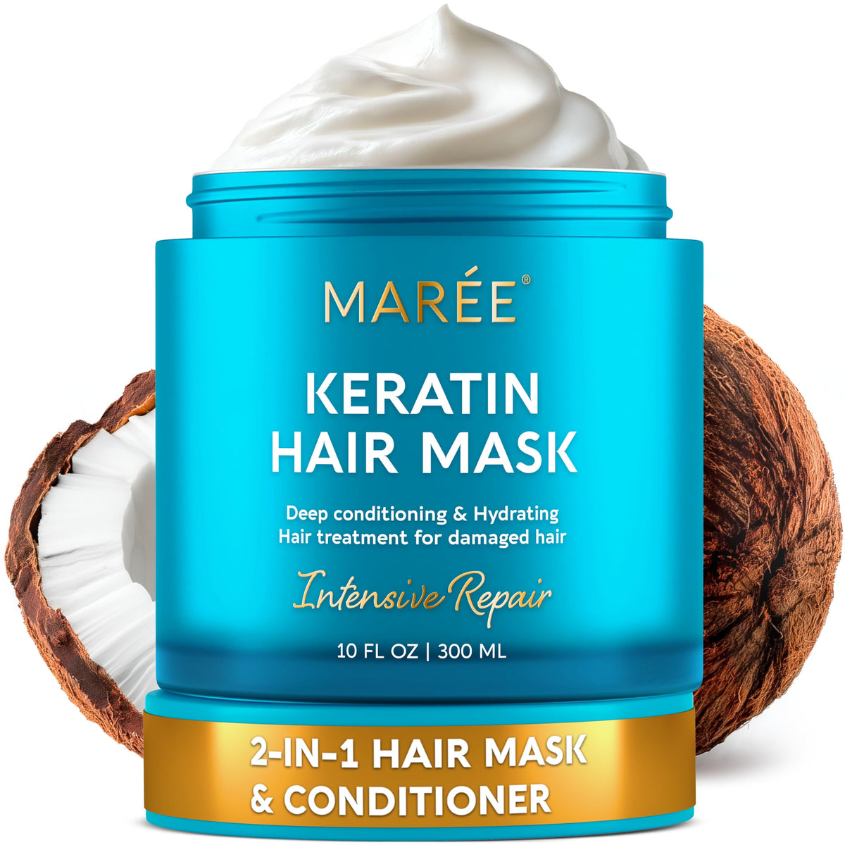 MAREE Deep Conditioning Hair Mask for Damaged Hair Treatment – Keratin Hair Care for Hydrating Growth Repair Moisturizing – Dry Curly Color Refreshing – 10 Fl Oz, White