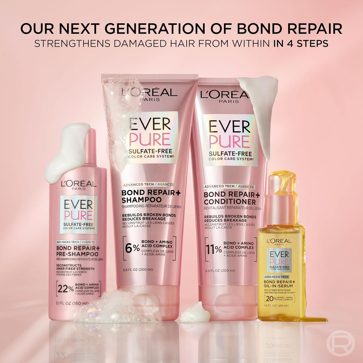 L'Oreal Paris Sulfate Free Bond Repair+ Conditioner, Hair Conditioner with Bond + Amino Acid Complex, Strengthens and Repairs Damaged or Color Treated Hair, EverPure, 6.8 Fl Oz (Packaging May Vary)
