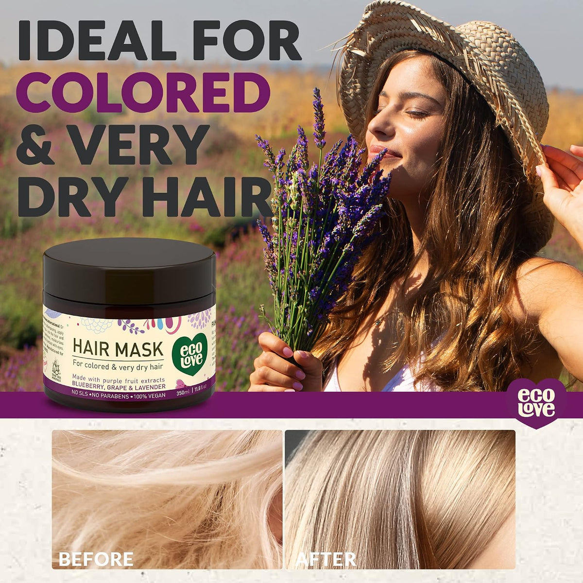 ecoLove Hair Mask for Dry Damaged Hair, Natural Hair Mask Deep Conditioning, 11.8 oz - Vegan and Cruelty-Free, With Lavender Extract, Organic Ingredients, SLS and Parabens Free