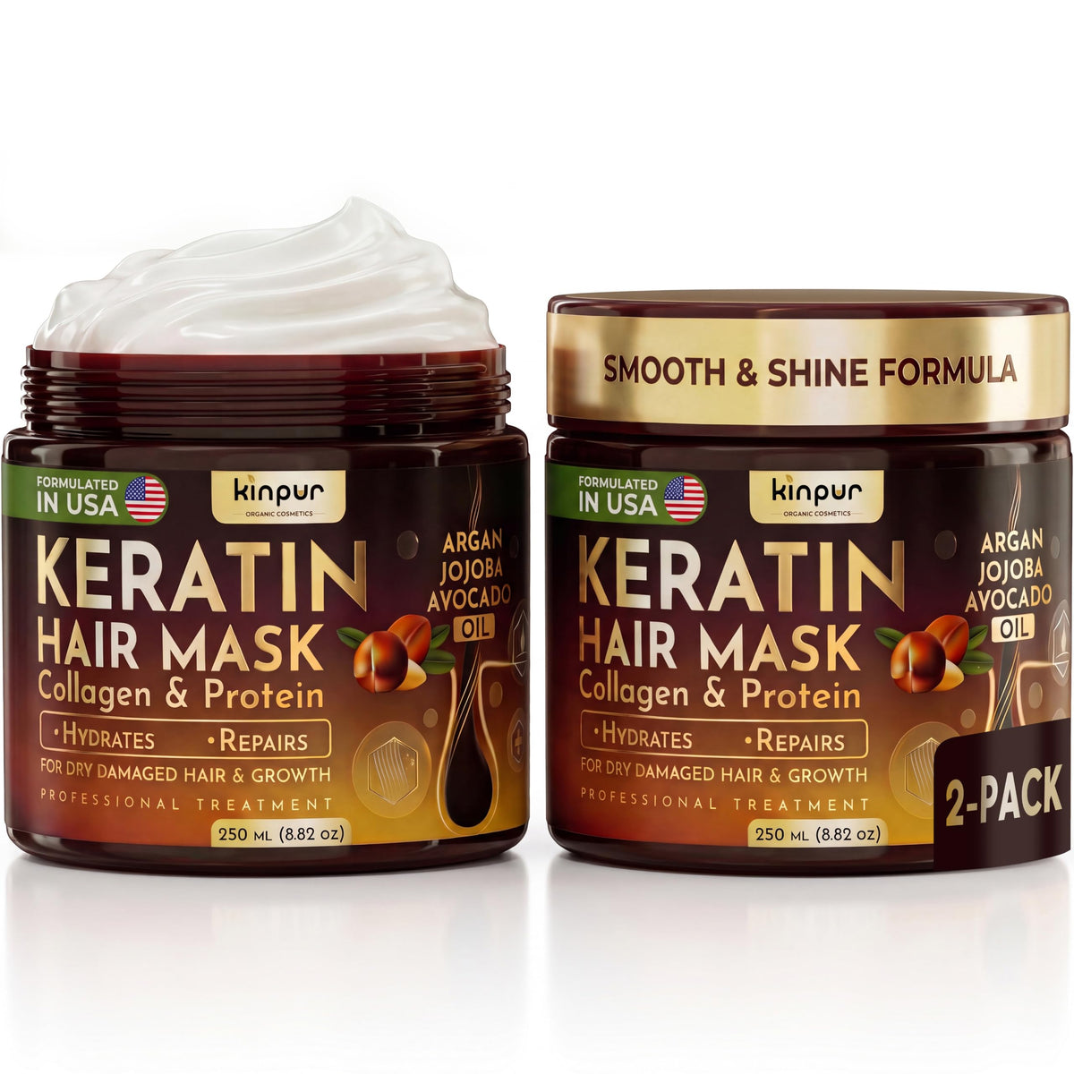 KINPUR ORGANIC COSMETICS Keratin Hair Mask for Dry & Damaged Hair – Deep Conditioning Hair Treatment with Coconut, Jojoba & Avocado Oils, Collagen & Protein – Hydrating Hair Mask, Color-Safe